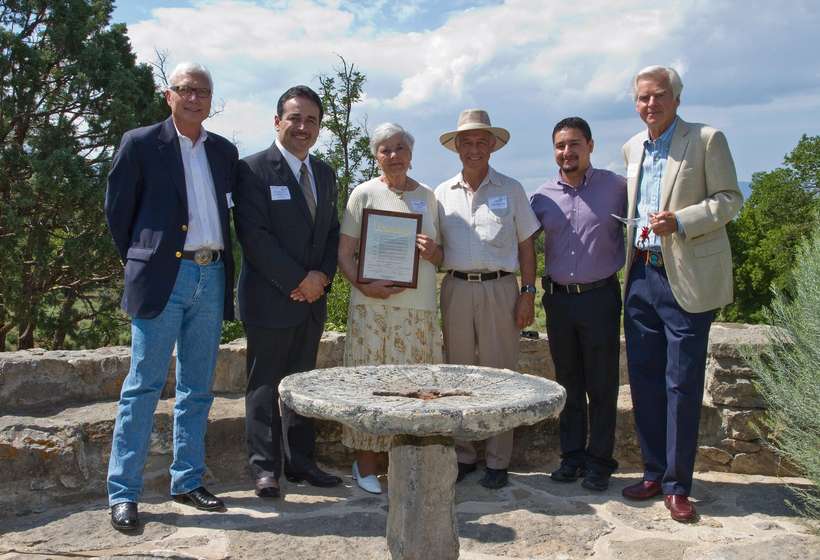 Couse Heritage Day July 14, 2012. Dignitaries at presentation of Proclamation by Taos Mayor Cordova to The Couse Foundation: LR Carl Jones, Darren Cordova, Virginia Couse Leavitt, Fred Peralta, Andrew Gonzales, and Al Olson.