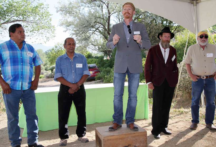 Davison Koenig, our Executive Director and Curator, introduces some of the craftsmen who restored the Sharp Studio: from left, Larry Apodaca, Ben Martinez, Mike Freebourn, and James Rannefeld.