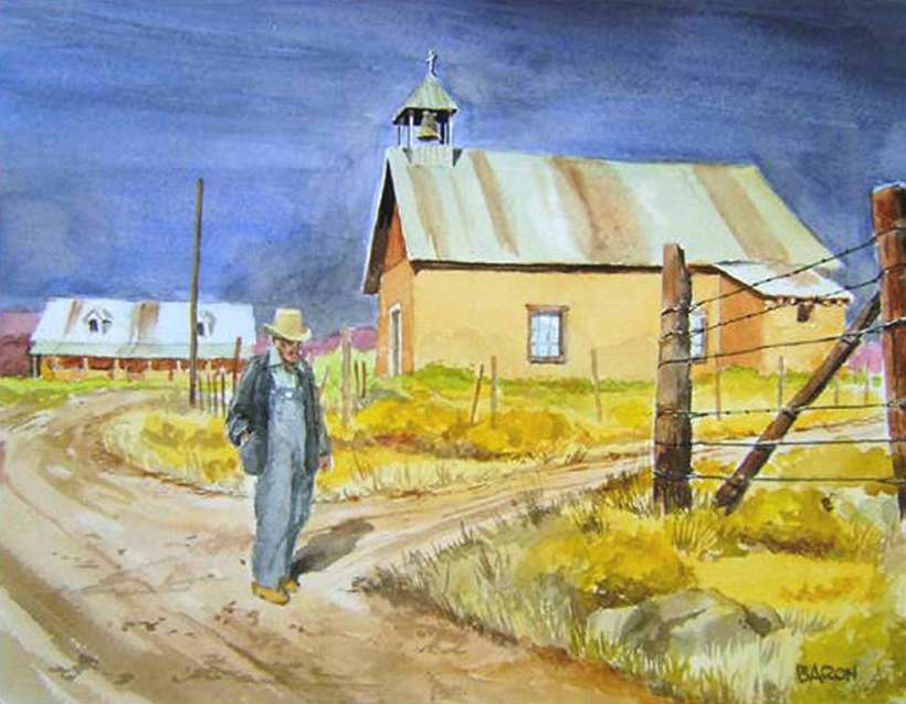 Bill Baron | Church at El Llano de San Juan | watercolor | 10.5 x 13.5 | 100% donation by the artist | Starting Bid $500, Buy it Now Price $800