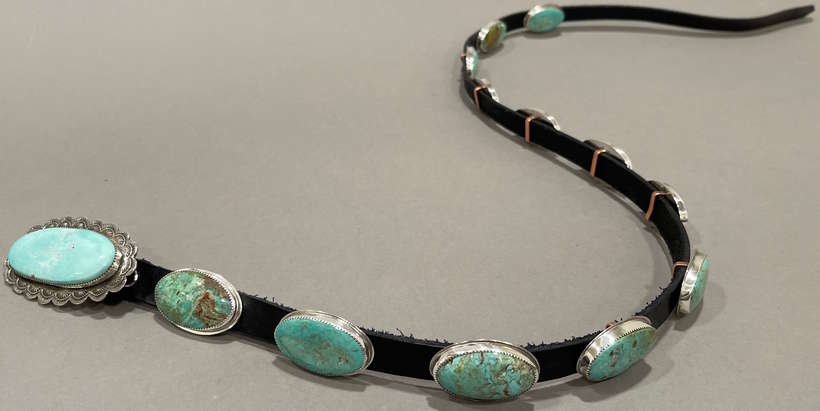 Lyle Wright | Turquoise Belt | turquoise, silver, leather concho belt | 44 inches long | Starting Bid $3000, Buy it Now Price $5000