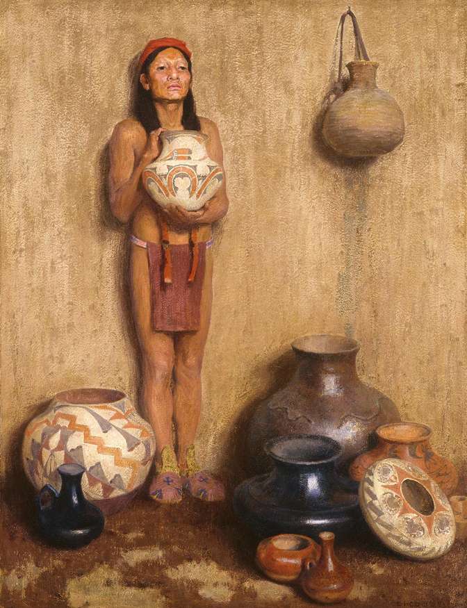 “Pottery Vendor”, 1916, oil on canvas, 45 ½ x 34 ½ inches, The Eugene B. Adkins Collection at the Fred Jones Jr. Museum of Art, the University of Oklahoma,  Norman, and the Philbrook Museum of Art, Tulsa, Oklahoma.