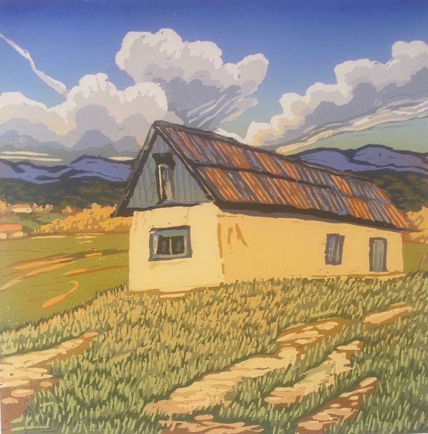 Angie Coleman | Old Adobe On A Ridge | woodblock print 18 x 18 | 100% artist donation | Starting Bid $400, Buy it Now Price $600