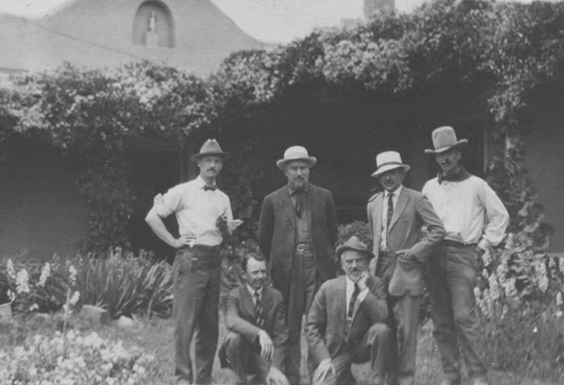 The six founding members of the Taos Society of Artists in Virginia Walker Couse’s garden, 1915 (L-R, E.L. Blumenschein, O.E. Berninghaus, E.I. Couse, J.H. Sharp, B.G. Phillips, and W.H. Dunton)
