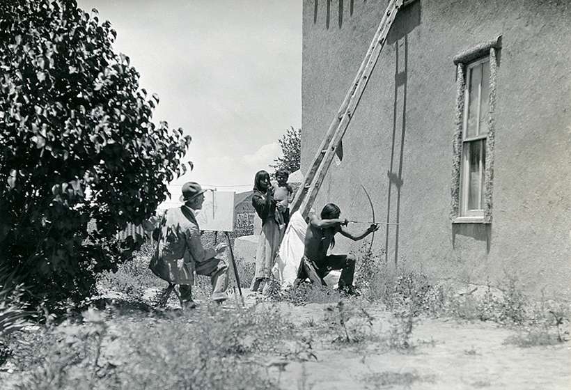 Sharp with models outside his second studio.